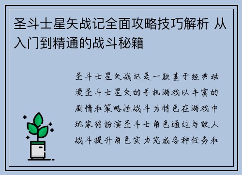 圣斗士星矢战记全面攻略技巧解析 从入门到精通的战斗秘籍