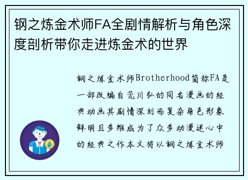 钢之炼金术师FA全剧情解析与角色深度剖析带你走进炼金术的世界